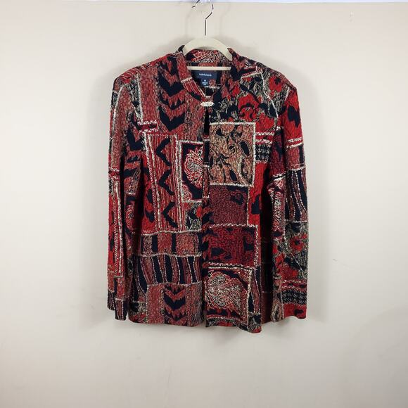 R&M Richards Printed Patchwork Top Button Cardigan Size 16 - Picture 1 of 12